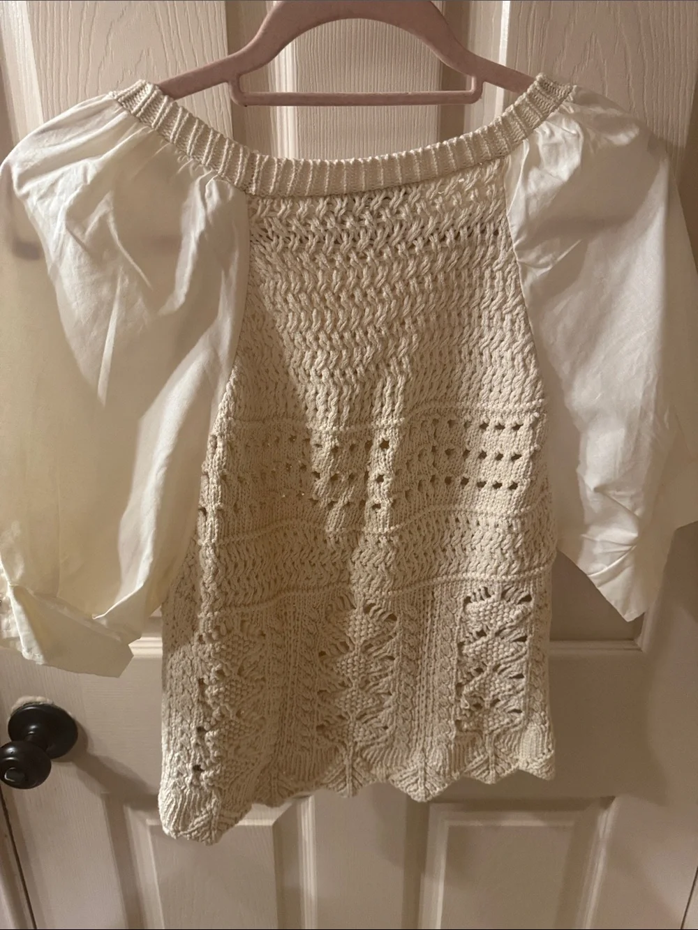 Zara Cream Crochet Puff-Sleeve Knit Top